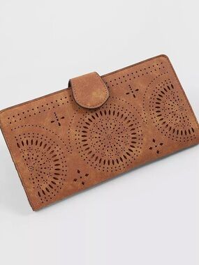 Buckle Perforated Brown Suede Wallet Clutch